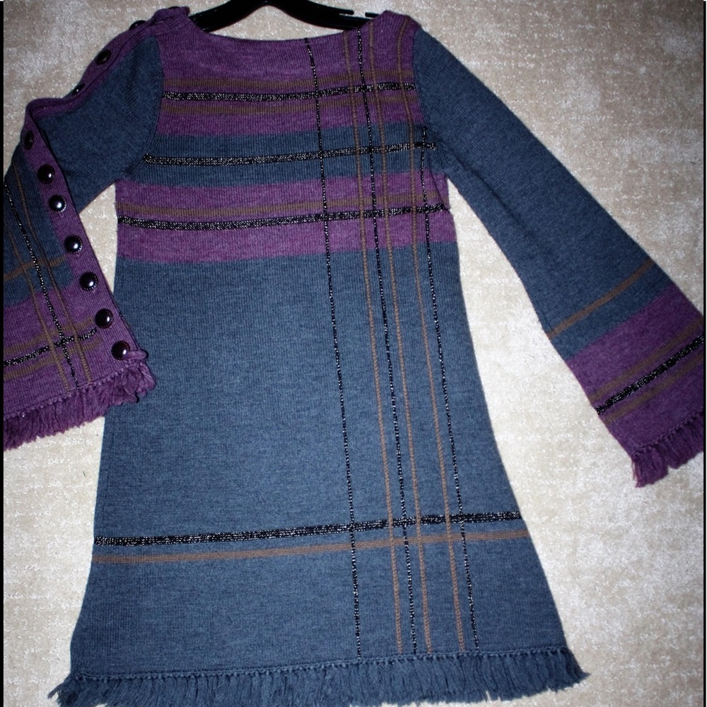 Preowned Wool Blend Plaid Plush Fringe Dress