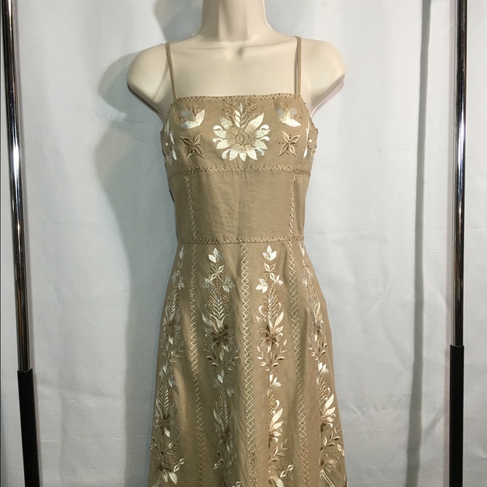 Antonio Melani Beige Embroidered Linen Dress Sz6