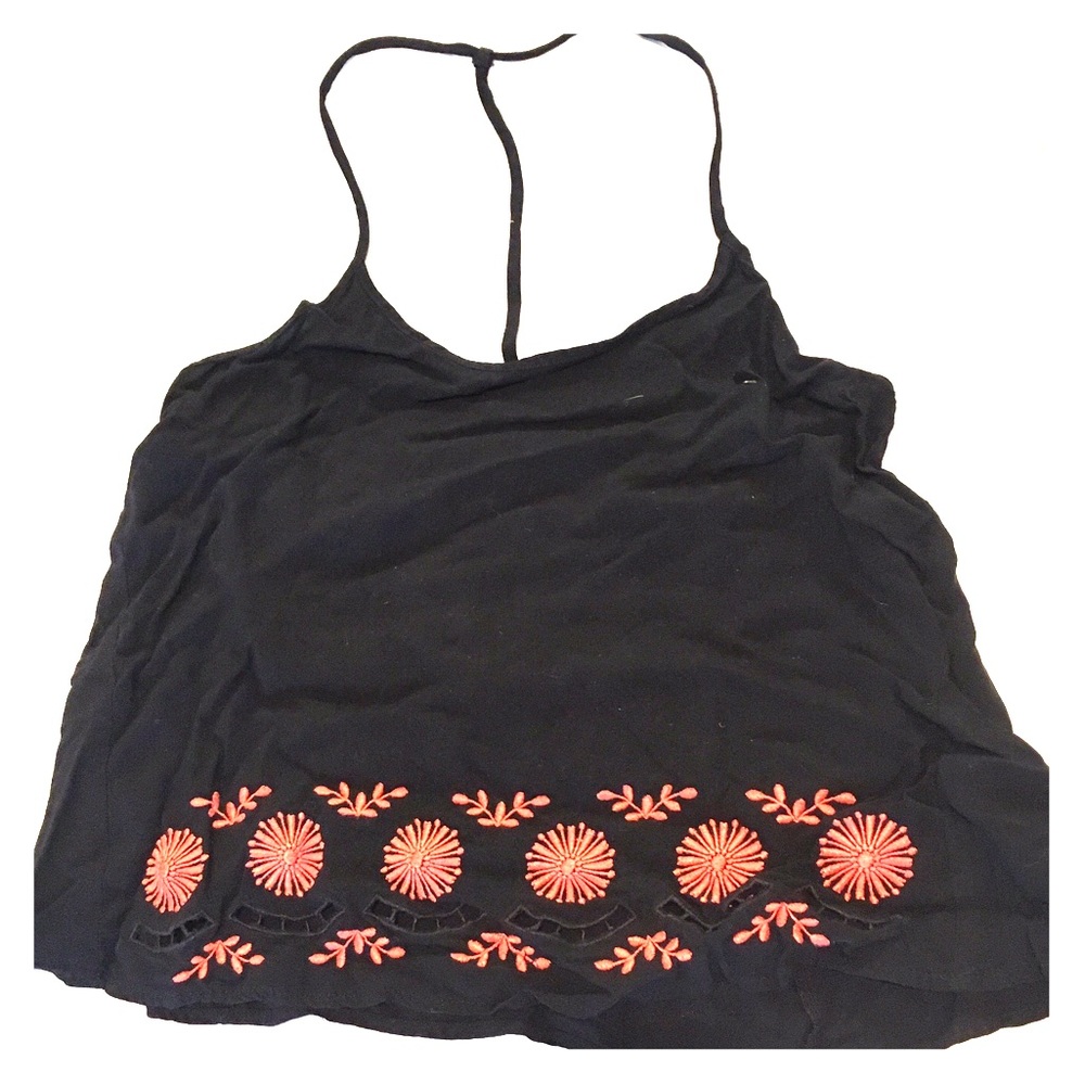 Black with coral embroidered crop tank top
