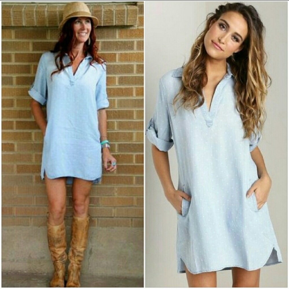Anthropologie chambray and poka dot tunic