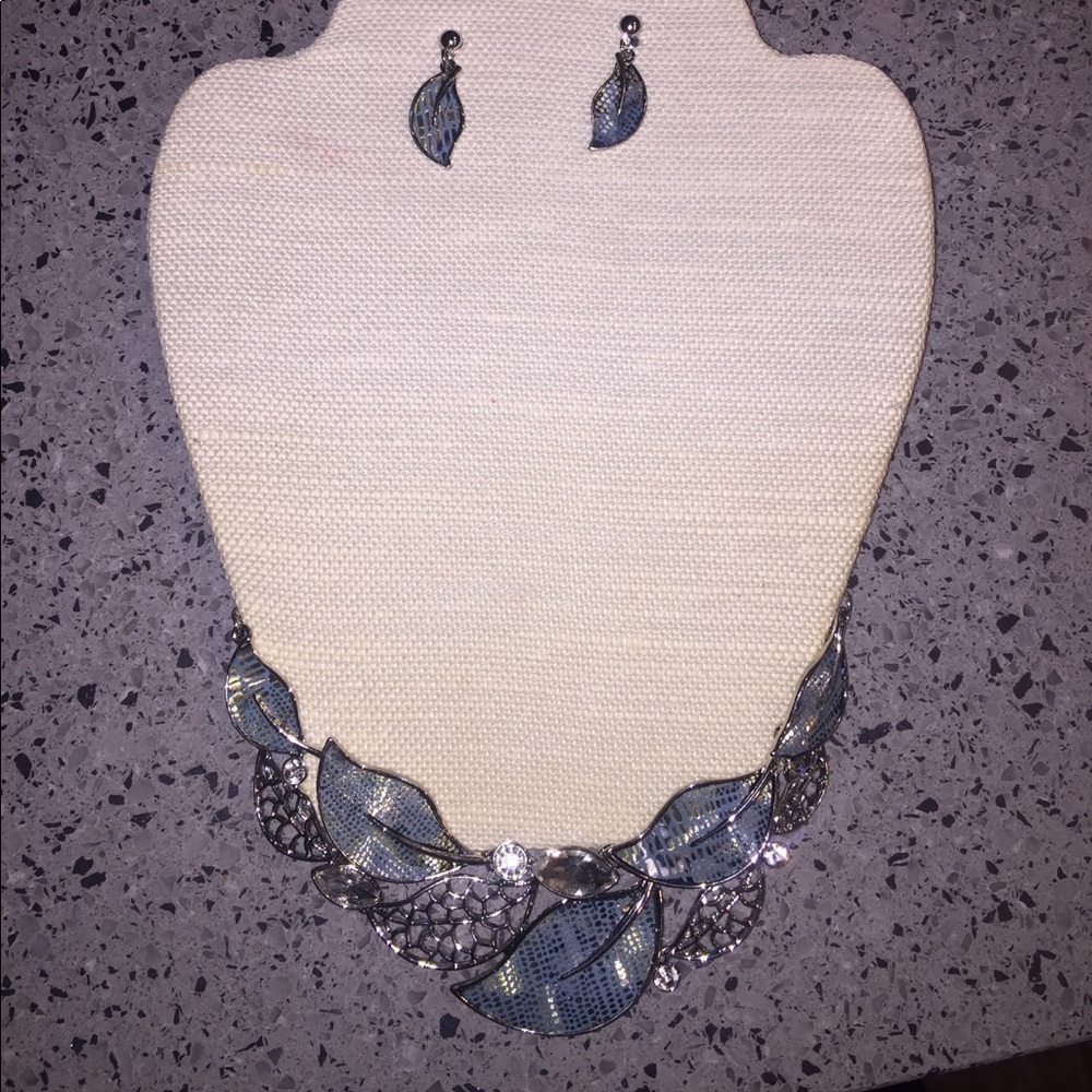 Earring and Necklace Set - "Rain" Rhinestone Leaf