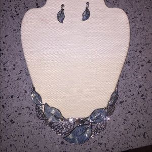 Earring and Necklace Set - "Rain" Rhinestone Leaf