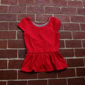Red Peplum Top with Rhinestone Neckline
