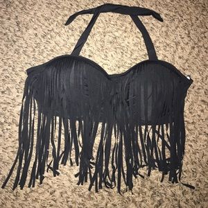 ‼️FLASH SALE‼️3XL SOLID BLACK FRINGE SWIM TOP