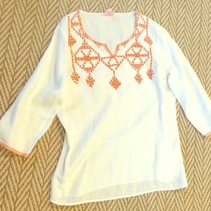 White linen tunic with beautiful orange beading.