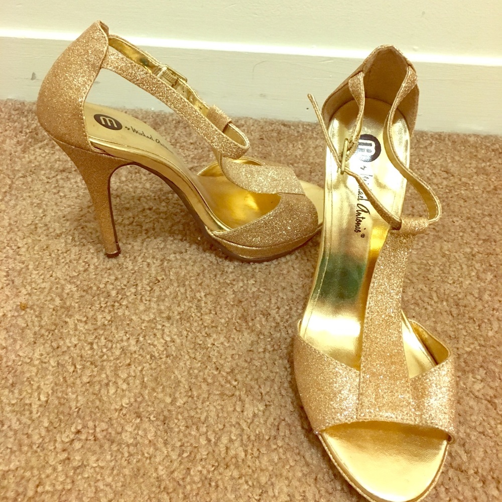 Gold peep toe strap up heels