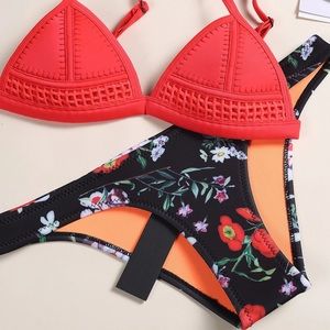 Red and floral triangl neoprene bikini ships asap