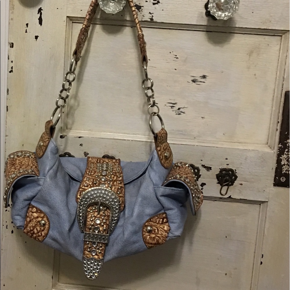 Adorable faux blue suede buckle studded purse
