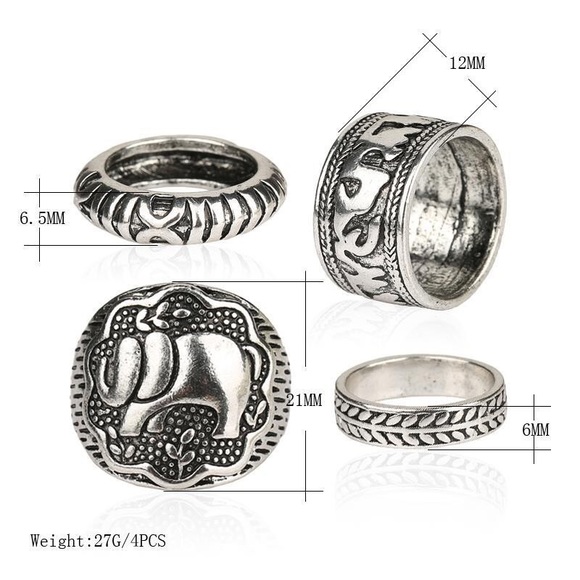 🛍4pc Set Boho Elephant Silver Midi Rings Bohemian - Picture 4 of 5