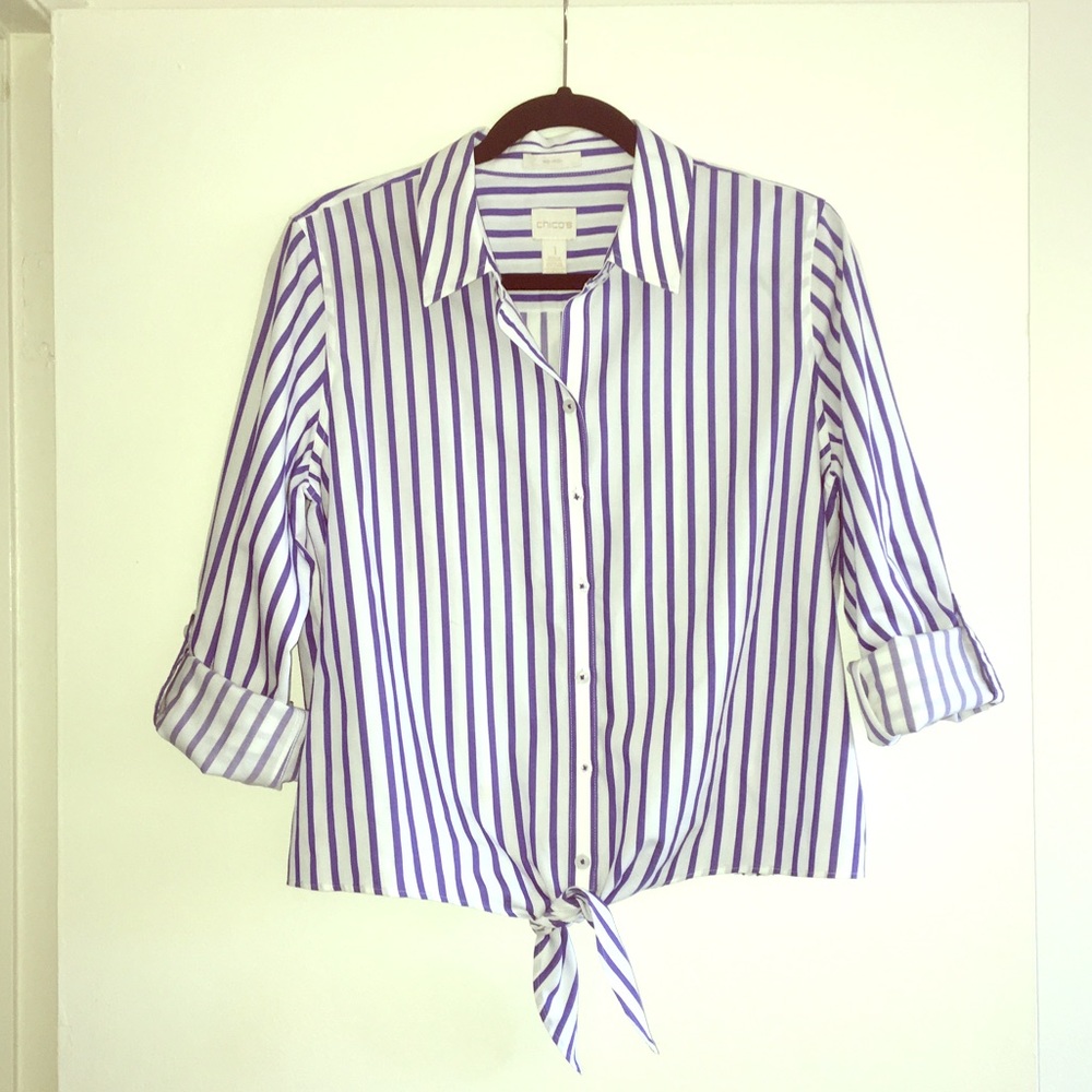 Chico's tie front no-iron cotton button down shirt