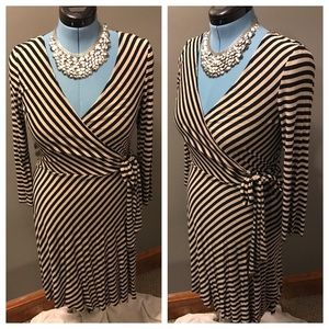 Jersey knit stripe faux wrap dress