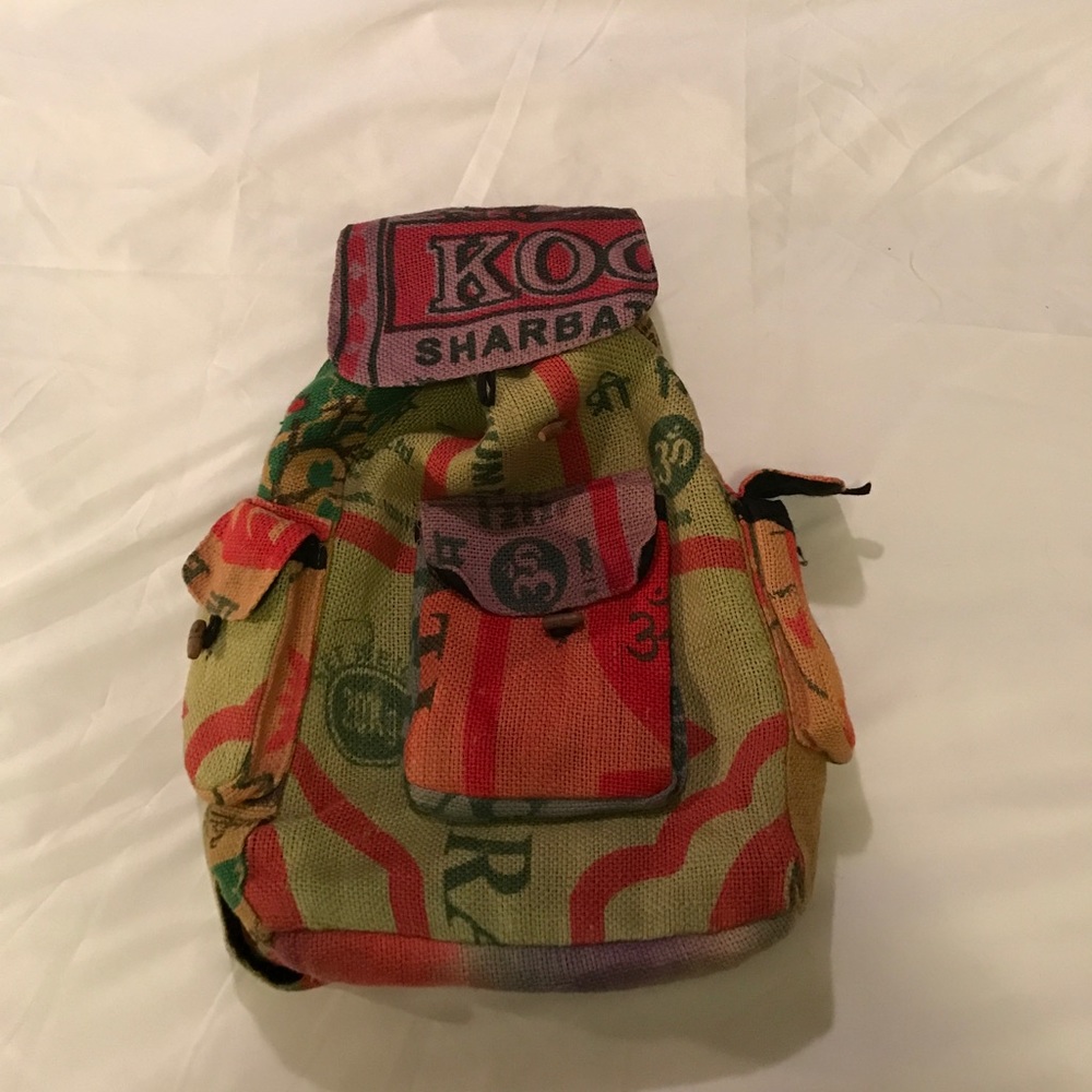 Recycled rice sack backpack