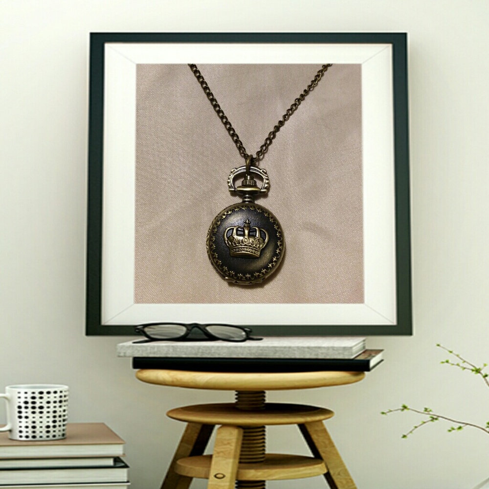 Bronze crown pocket watch pendant necklace