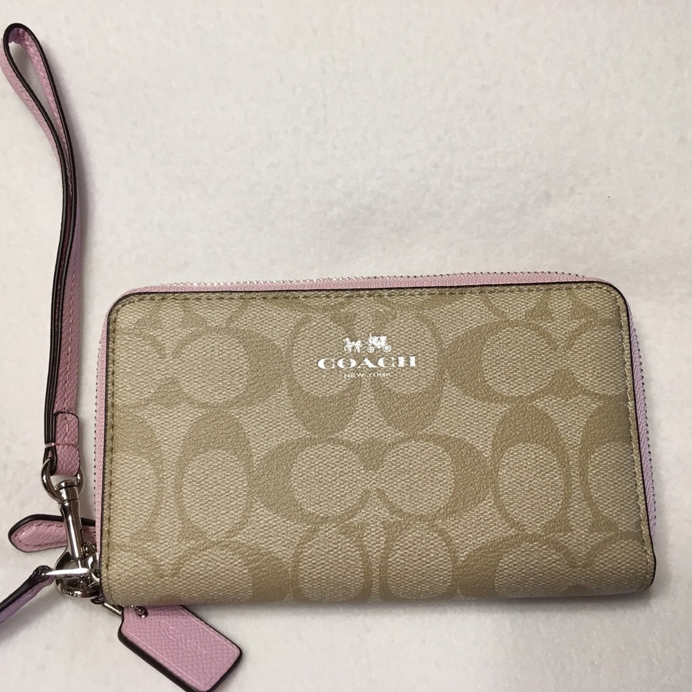 Coach Signature Khaki Pink Double Zip Wallet