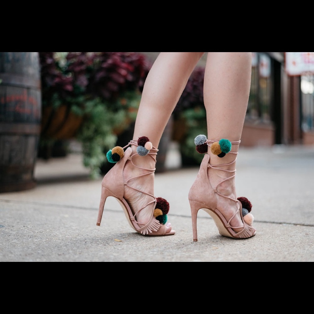 Zara Authentic Leather high heels with POM POMS