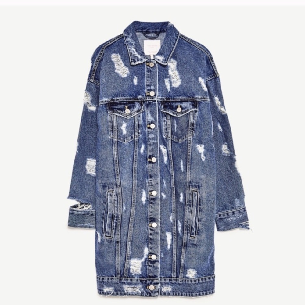 Zara distressed denim long jacket