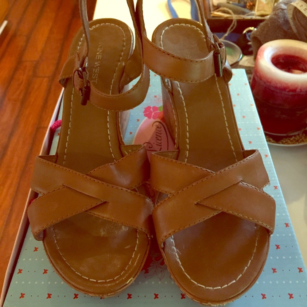 Tan cork wedge sandals