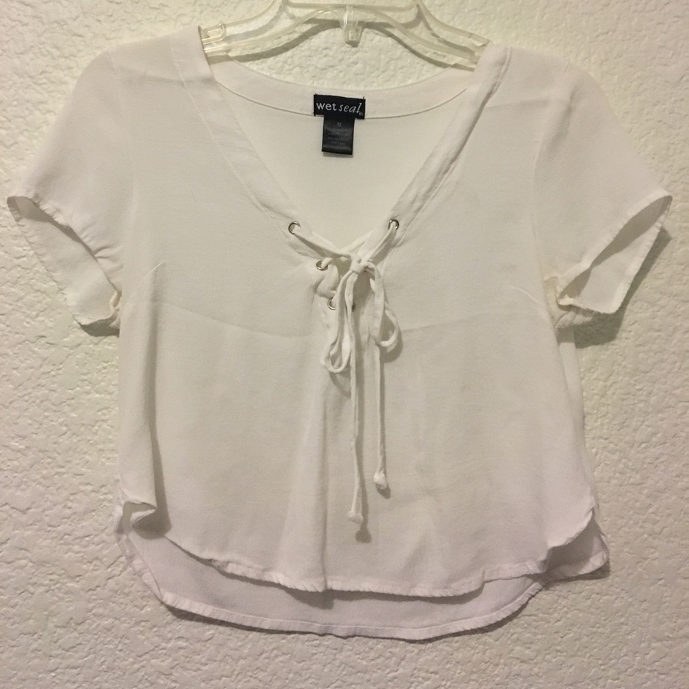 white lace up crop top