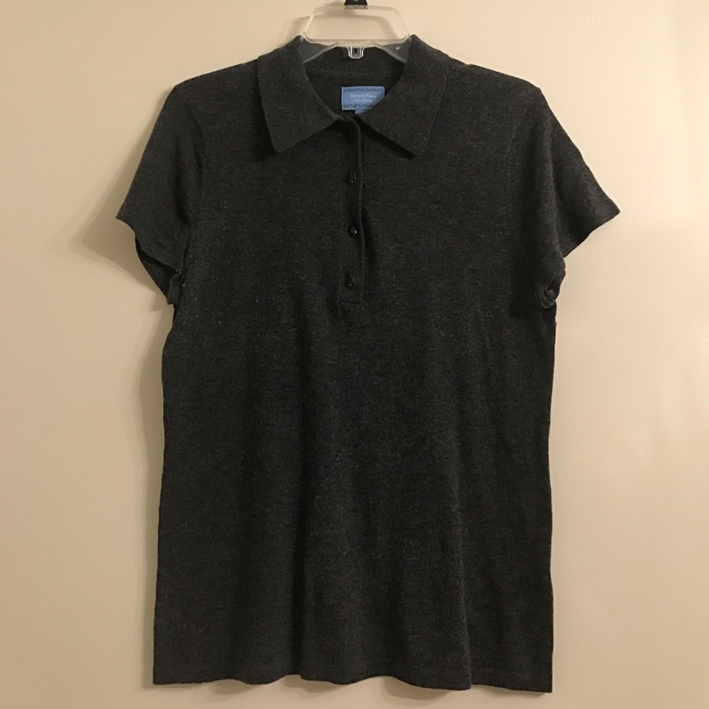 Grey SimplyVera polo shirt with gem buttons.
