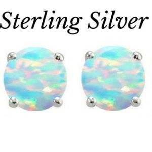 Sterling Silver White Opal 7mm Round Stud Earrings