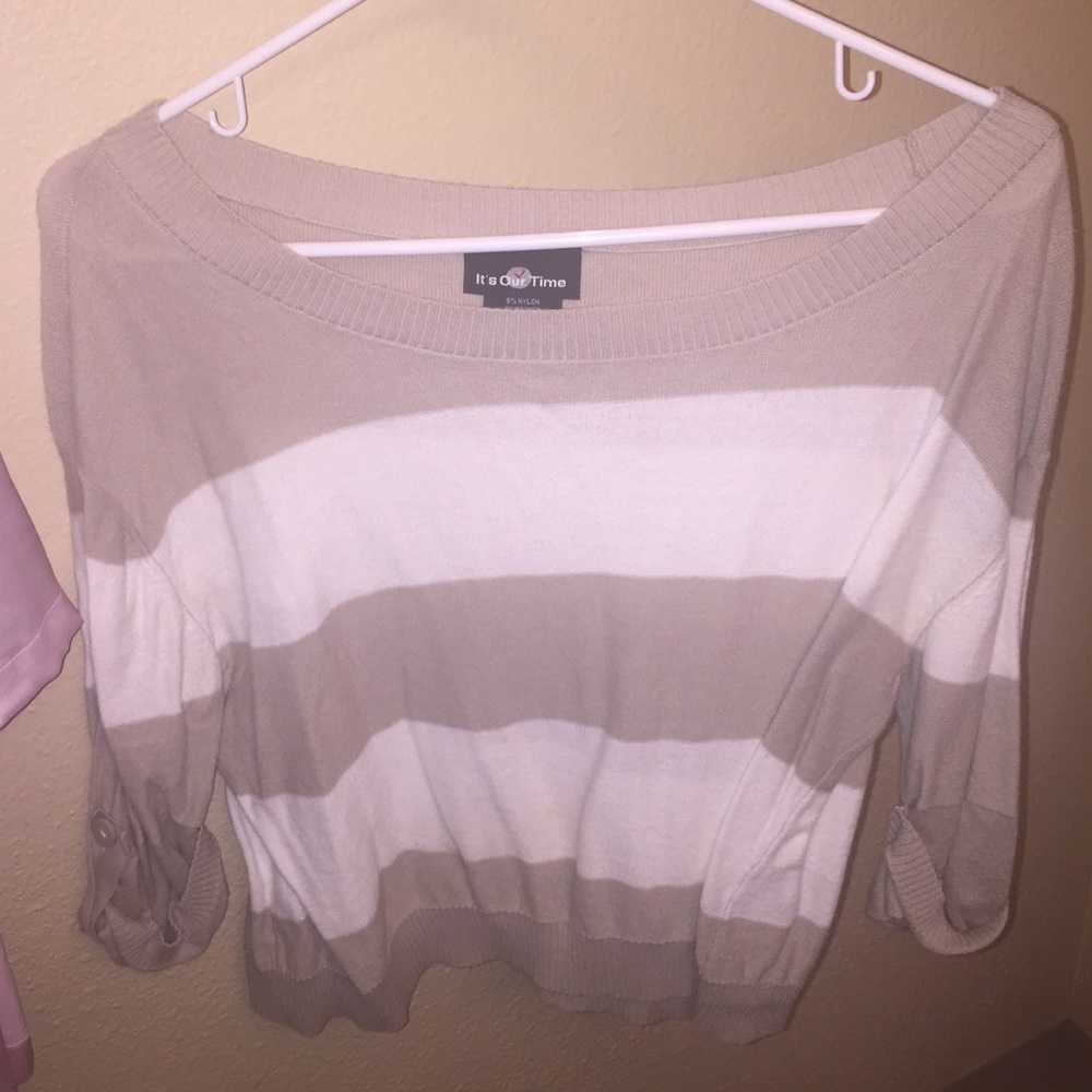Tan and white off the shoulder sweater