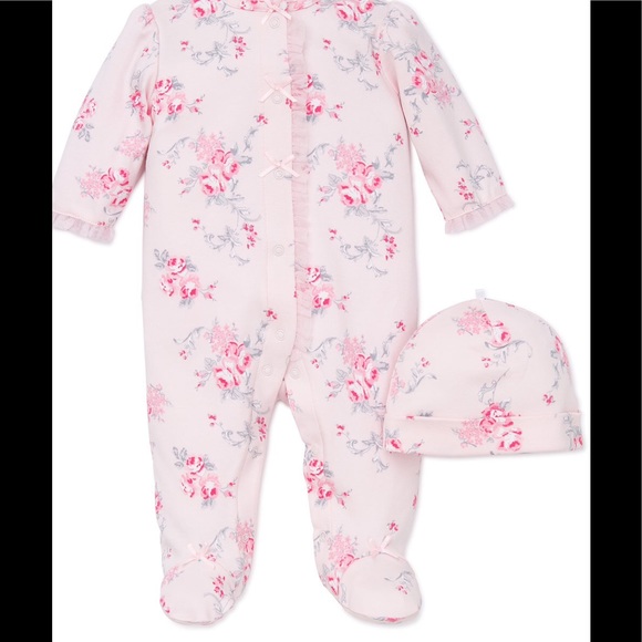 LITTLE ME 100/% Cotton White Floral Rose Print Footie w//Hat Girl SIZE 3 MO NWT