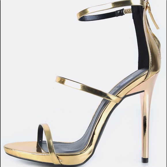 gold three strap heels