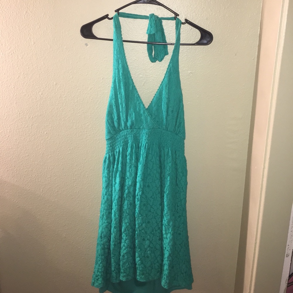 Teal lace halter summer dress