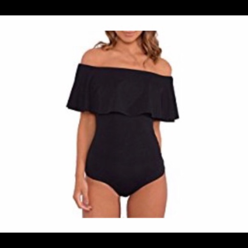 Off the shoulder black body suit.