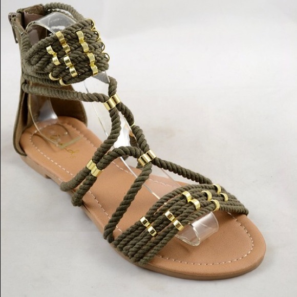 Khaki gladiator strappy rope ankle cuff sandal - Picture 2 of 7