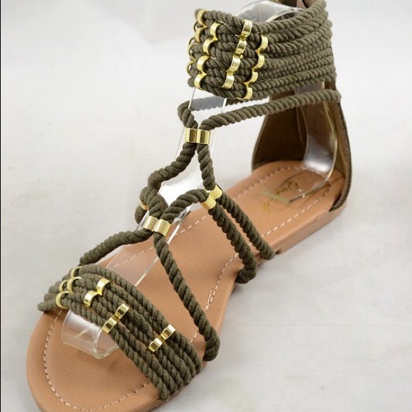 Khaki gladiator strappy rope ankle cuff sandal - Picture 3 of 7