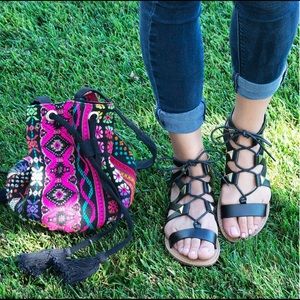 Black Triangle studs lace up laser cutout sandal