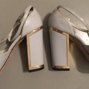 Bally Open Toed Strap Heels with Gold Trim Bally Open Toed Strap Heels with Gold Trim