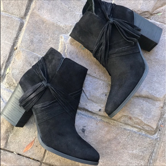 Black Crisscross Tassel Fringe Suede Booties - Picture 7 of 7