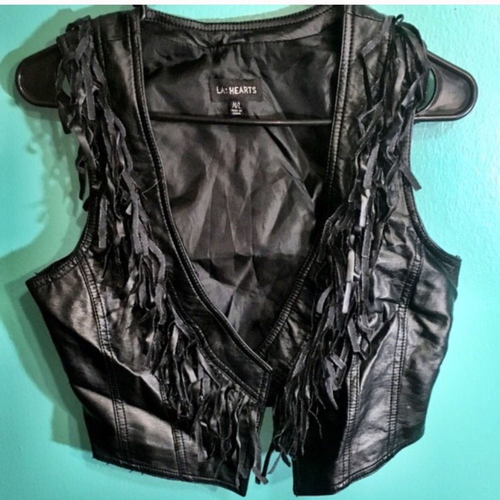 Faux leather crop fringe vest