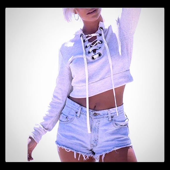 Women Gray Lace Up Front EyeLet Crop Sweatshirt - Picture 3 of 3