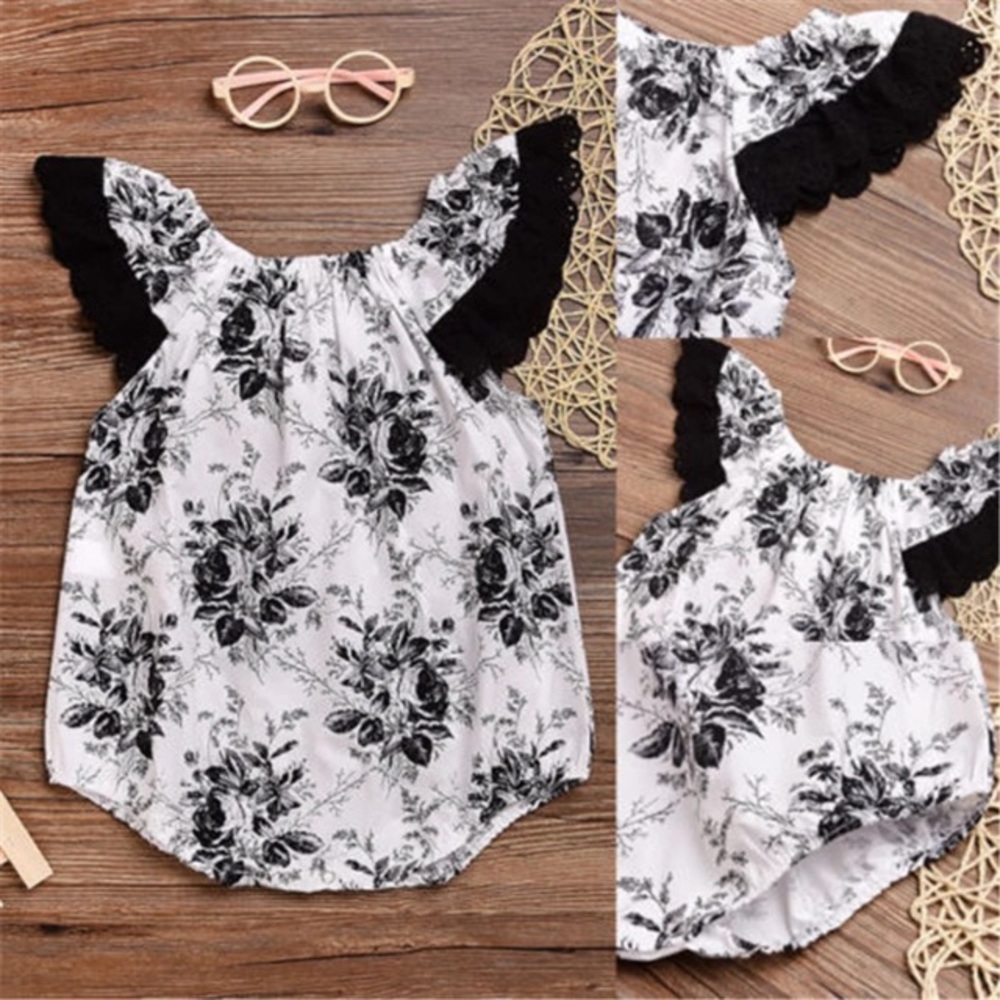 Boutique Baby Girl White &Black Lace Floral Romper