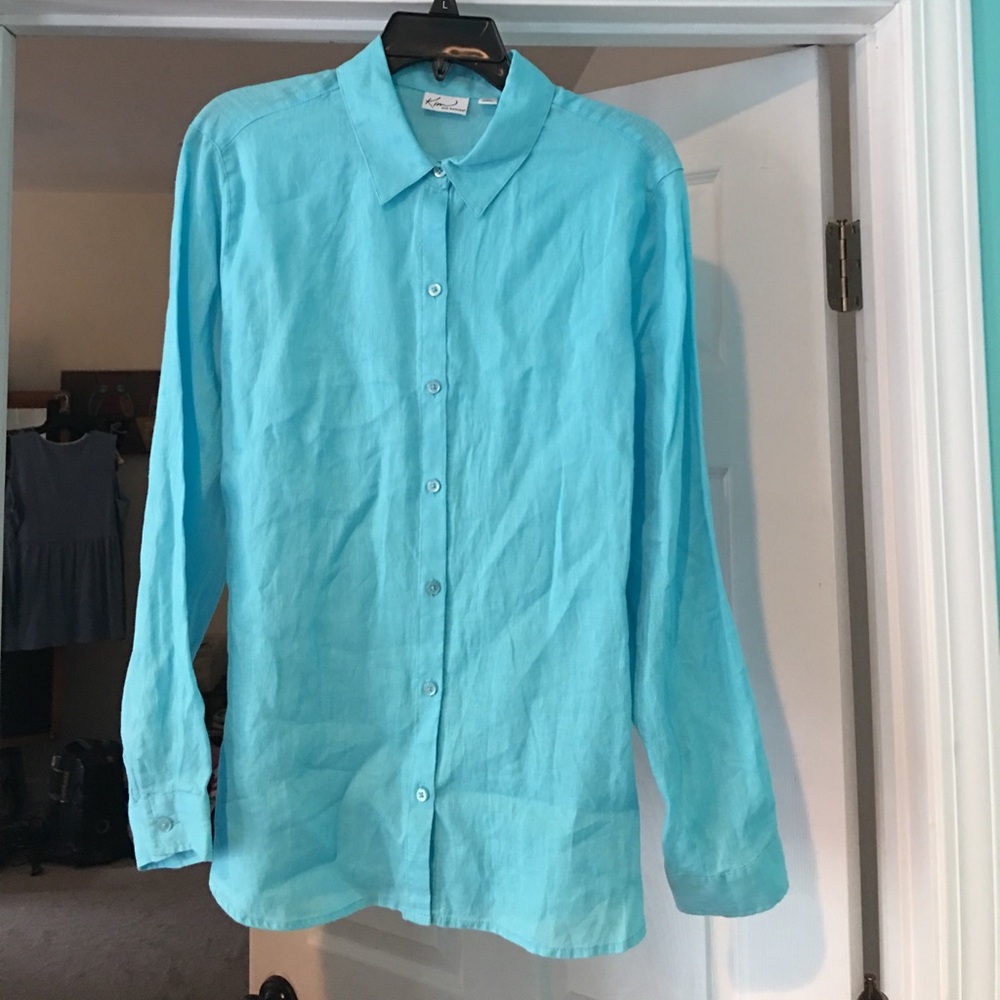 Blue 100% Linen Kim Rogers Blouse.  Size Large.
