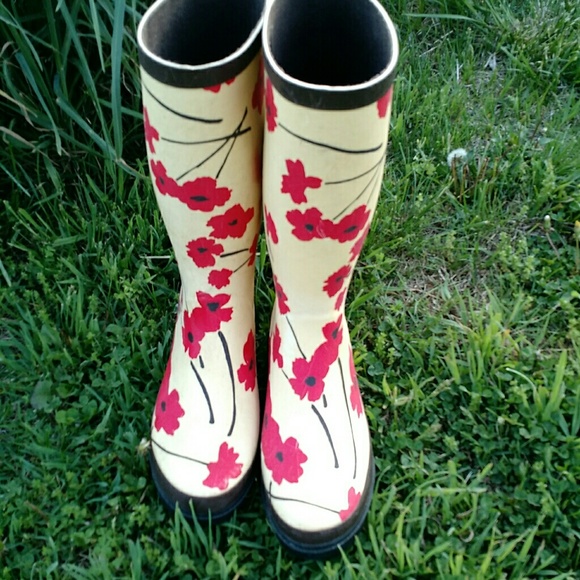 LANDS END Red Poppy Wellies sz 9 - Picture 3 of 8