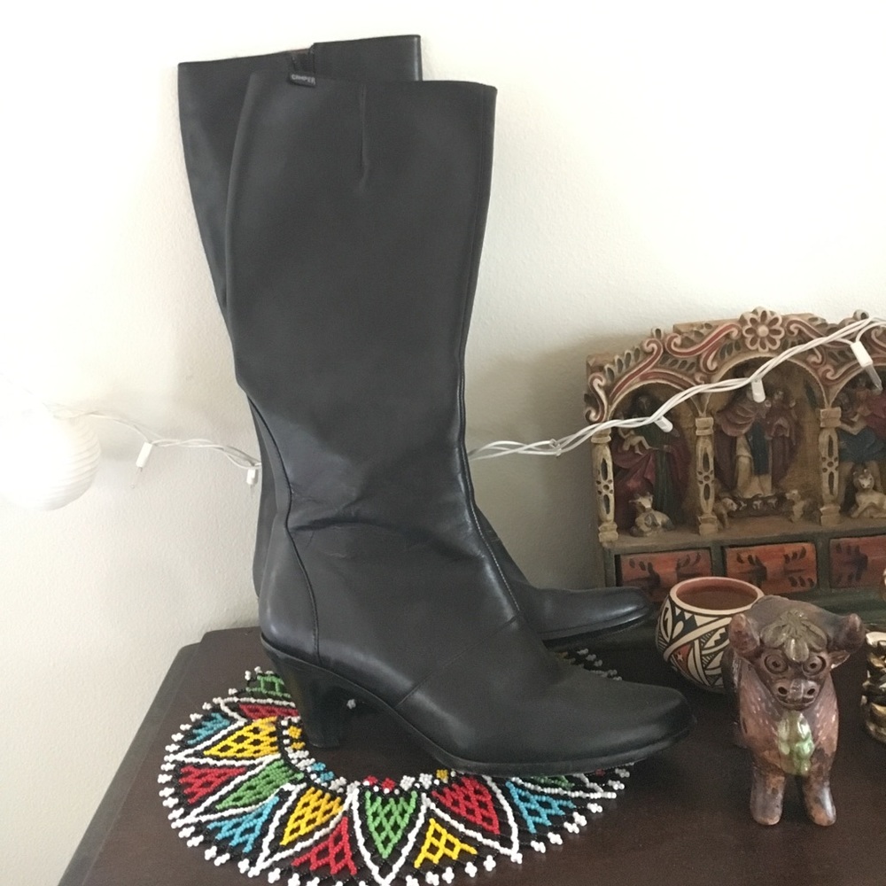 camper black leather knee high boots
