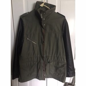 H&M Army Green Jacket with Faux Leather Sleeves