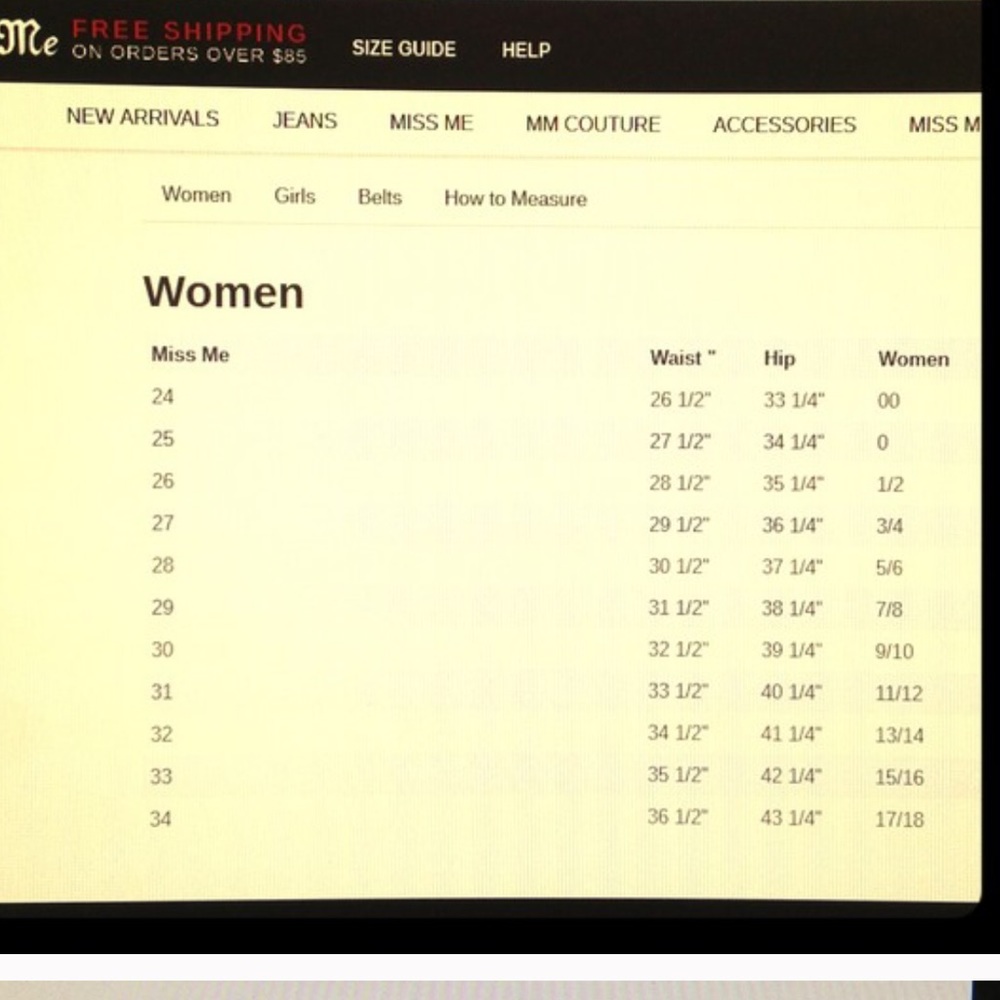 Miss Me size chart