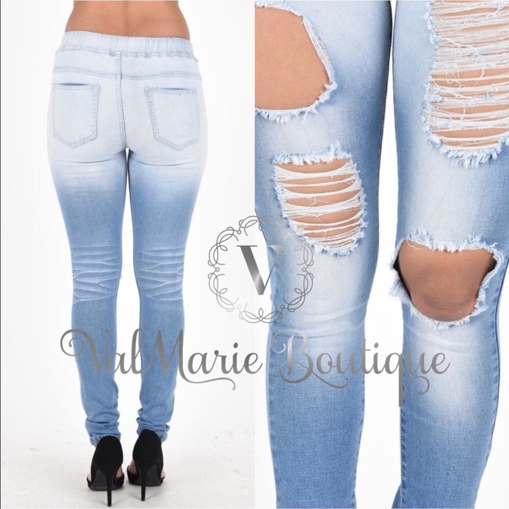 ‼️LAST 1 SZ M- DESTROYED OMBRÉ LIGHT DENIM JOGGERS - Picture 2 of 2