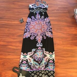 Black, multicolor print maxi dress