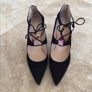 Black Suede Tie Up Pointed Toe Heels