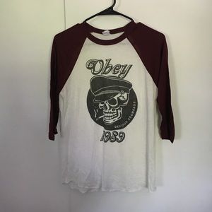 OBEY Skull Baseball Tee With Burgundy Sleeves