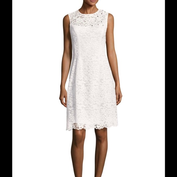 Teri Jon Solid Lace Dress with Bead Detail, Ivory - Picture 1 of 4