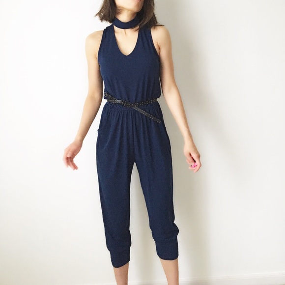 OS Midnight blu mock choker jumpsuit with pockets - Picture 2 of 4