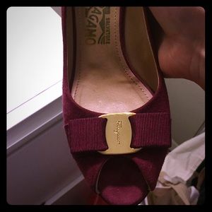 Ferragamo Suede Peep Toe Pumps