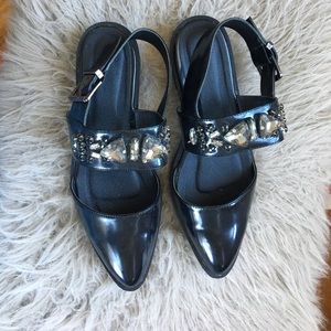 ASOS black bejeweled strapped mules